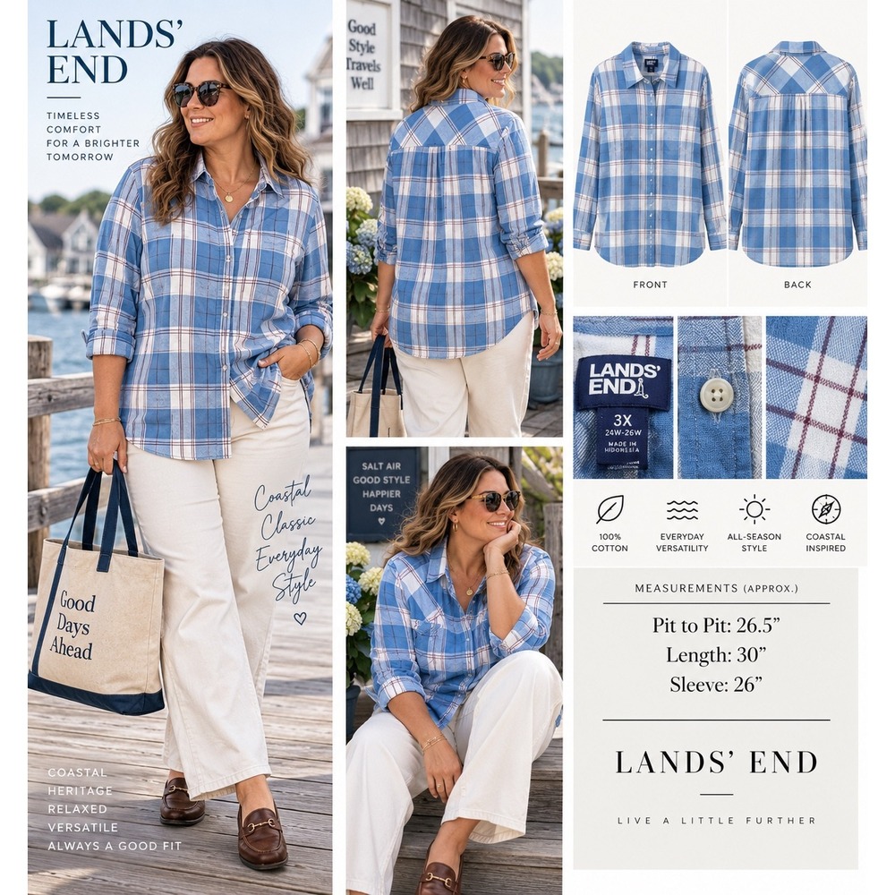 Lands' End 3X Blue Plaid Flannel Shirt Cotton Coastal Grandmacore 24W 26W